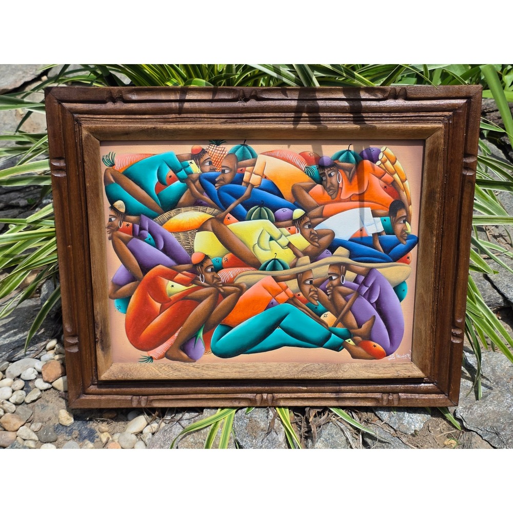 J.B. Isidor Haitian Folk Art Oil Painting Signed Framed Market Scene Naive Art